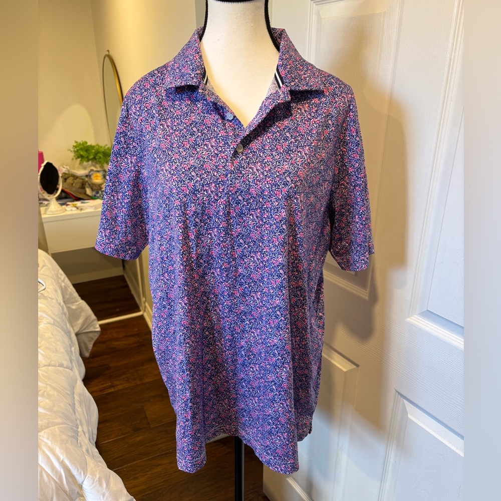 Bugatchi Men’s L Mercerized Cotton Golf Polo Pink Blue Geometric Print
